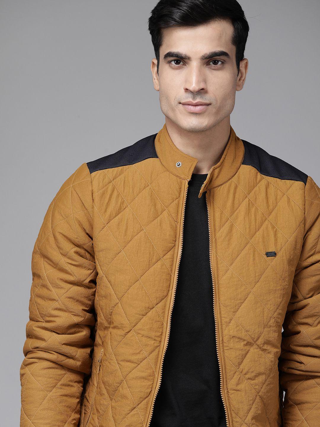 roadster men mustard yellow solid quilted jacket