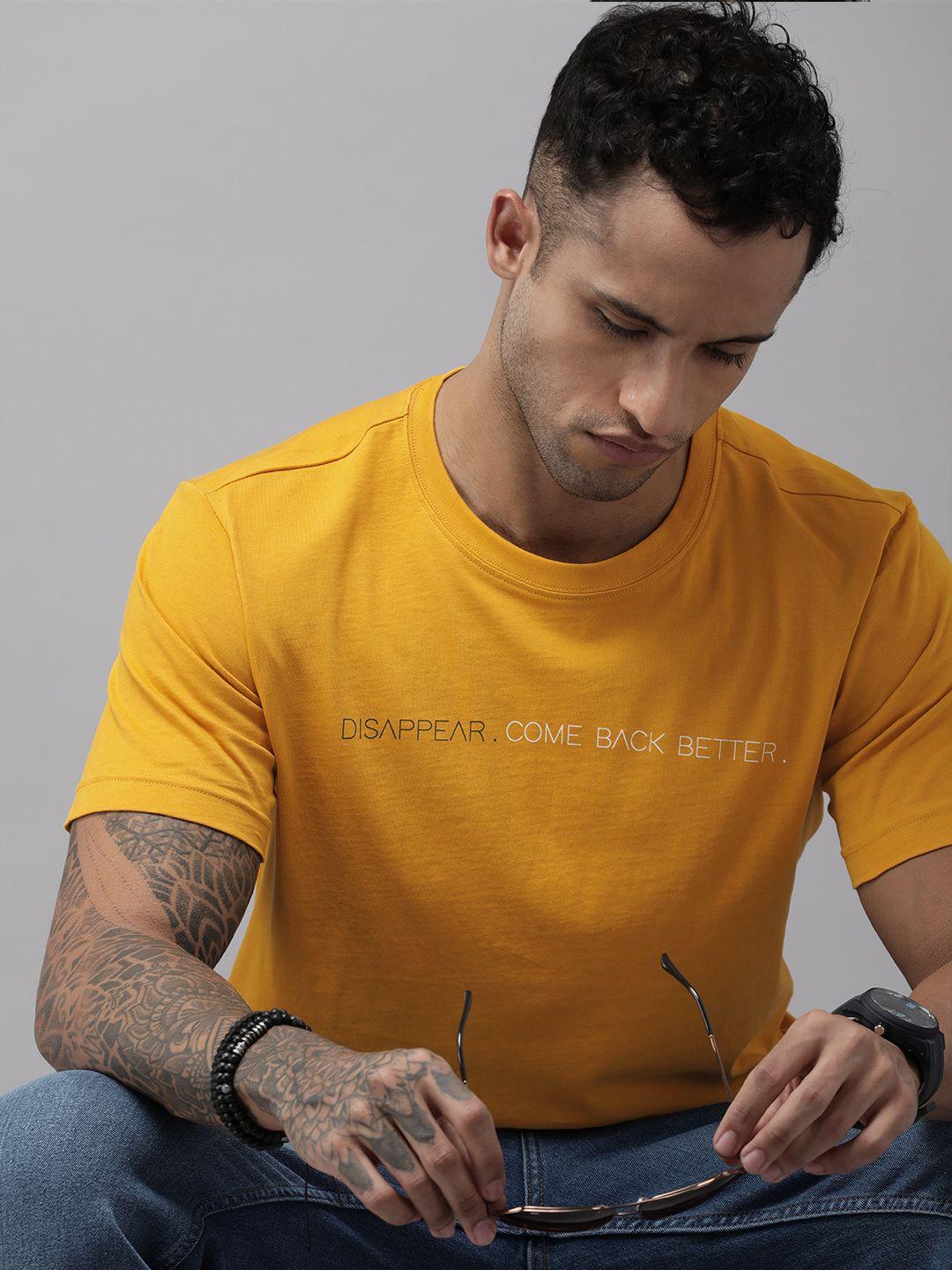 roadster men mustard yellow typography printed pure cotton t-shirt