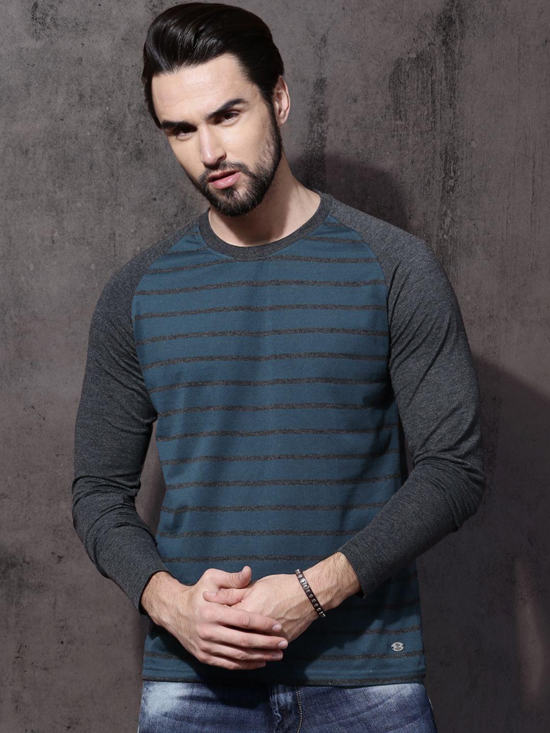 roadster men navy & charcoal striped t-shirt with raglan sleeves