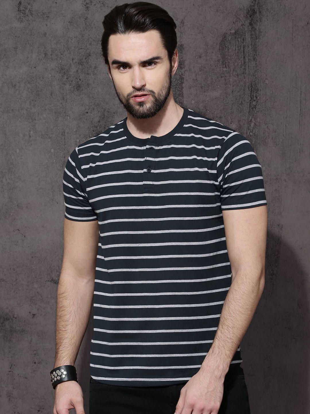 roadster men navy & grey striped henley neck t-shirt