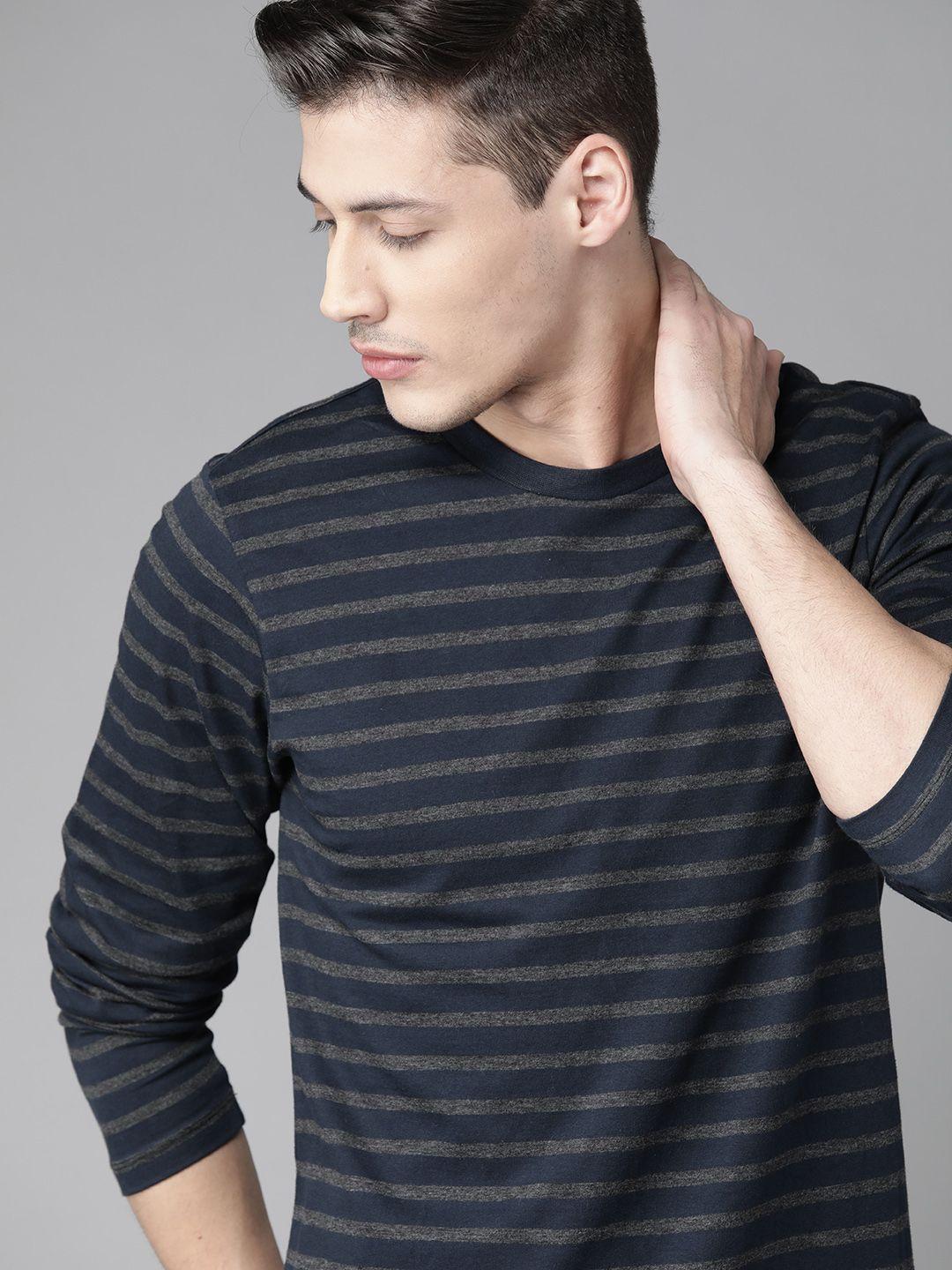 roadster men navy & grey striped round neck t-shirt