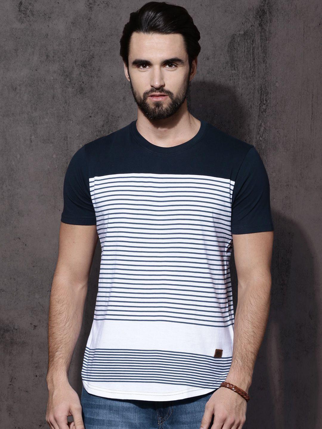 roadster men navy & white striped round neck t-shirt