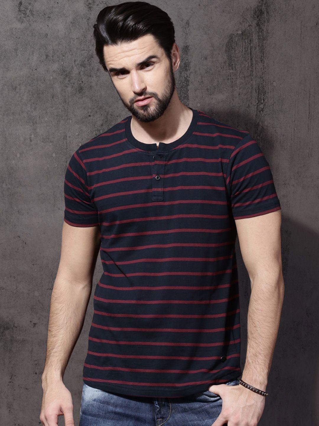 roadster men navy  maroon striped henley neck pure cotton t-shirt