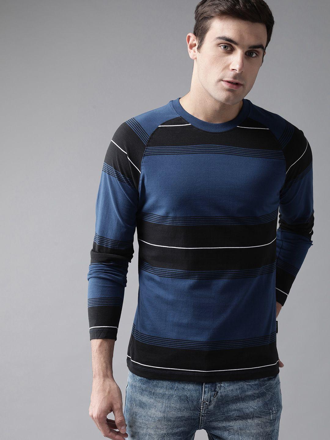 roadster men navy blue & black striped round neck t-shirt