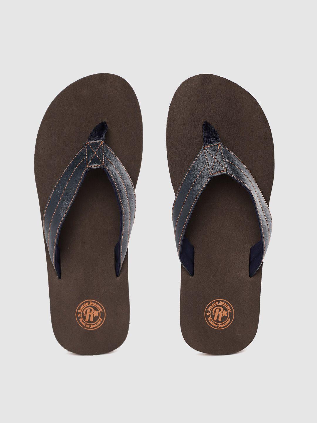 roadster men navy blue & brown solid thong flip-flops