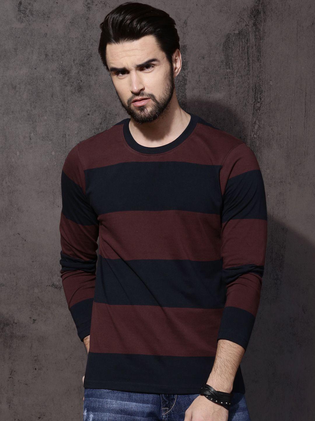 roadster men navy blue & brown striped cotton t-shirt