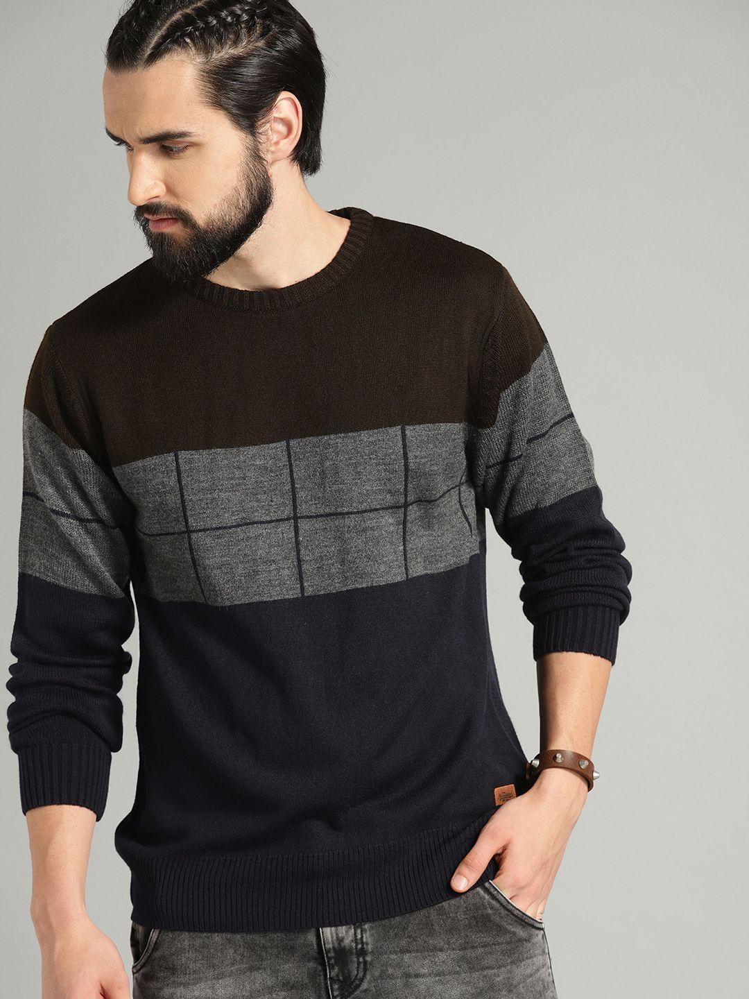 roadster men navy blue & coffee brown colourblocked sweater