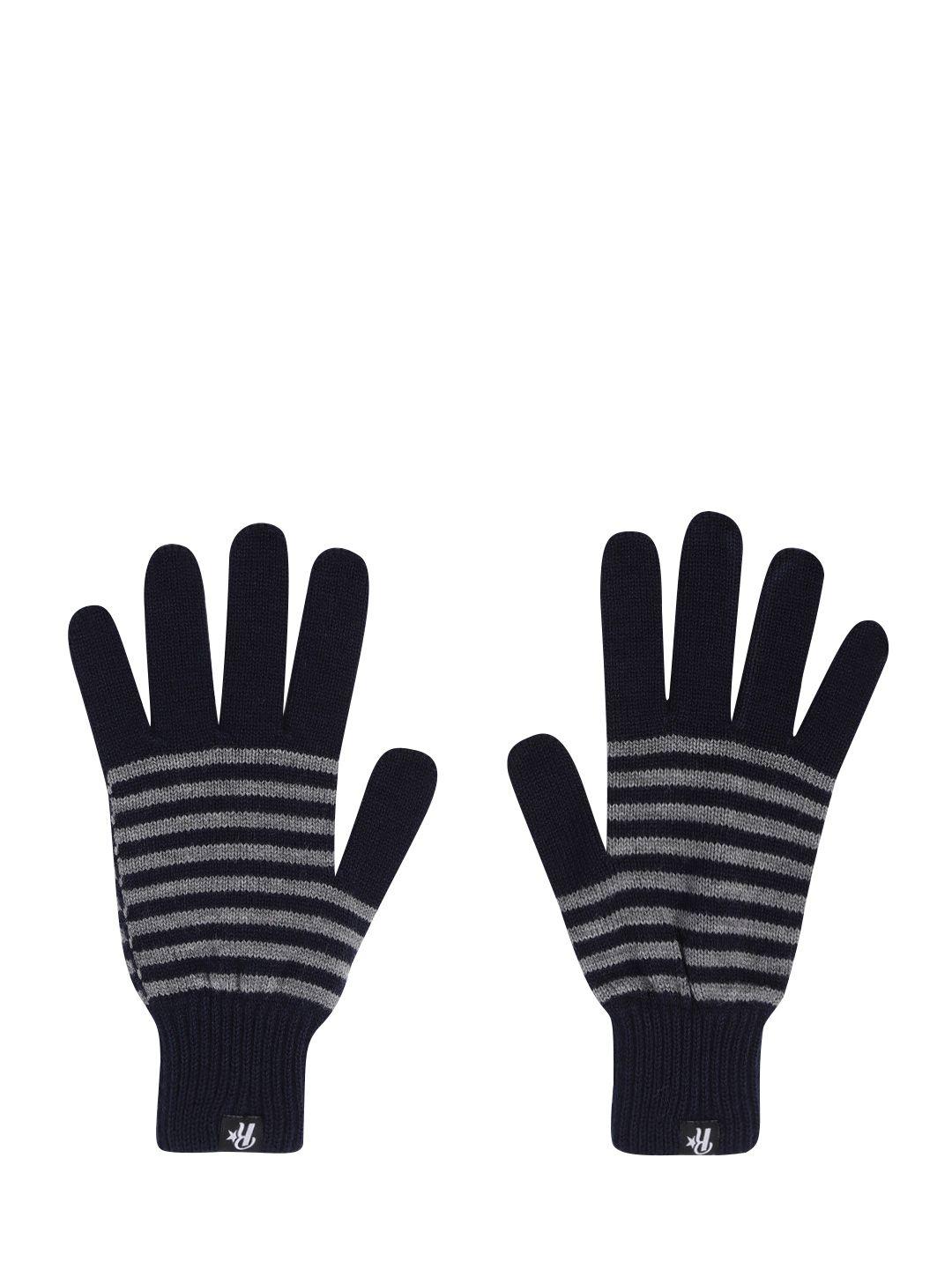 roadster men navy blue & grey acrylic striped gloves