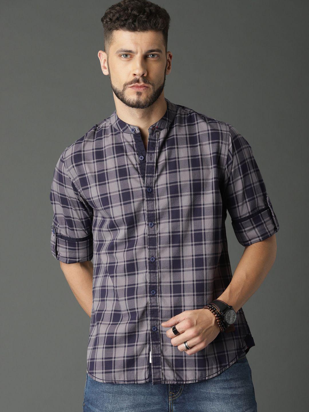 roadster men navy blue & grey slim fit checked casual sustainable shirt