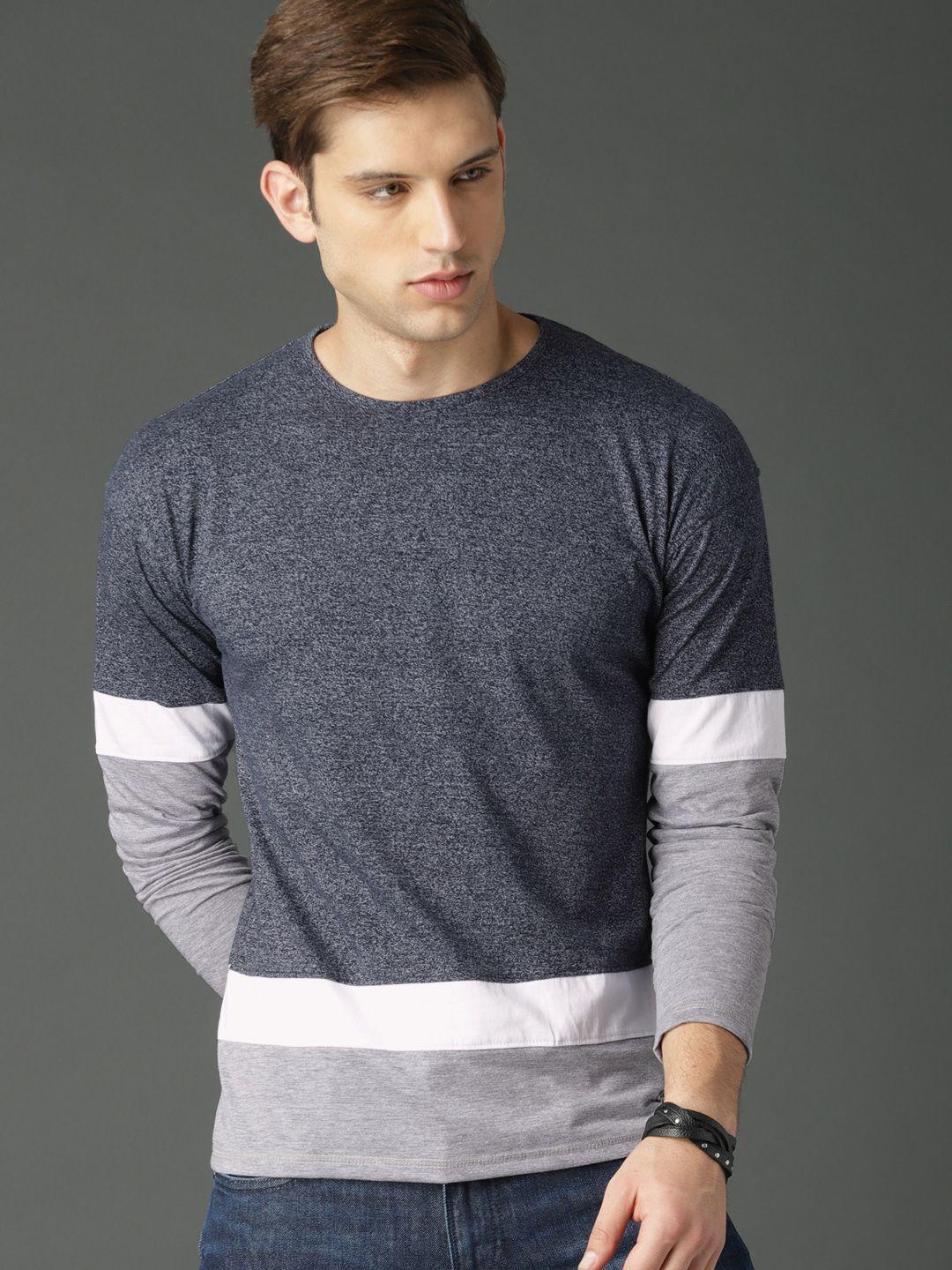 roadster men navy blue & grey textured colourblocked round neck t-shirt