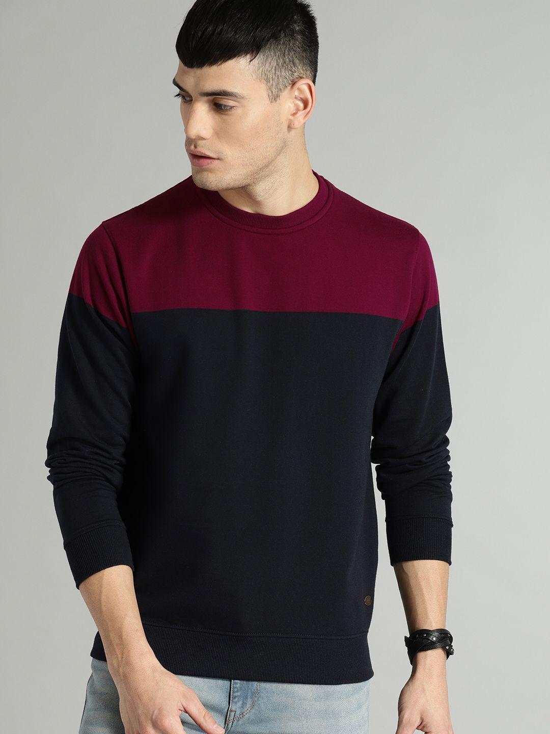 roadster men navy blue & maroon colourblocked sweatshirt