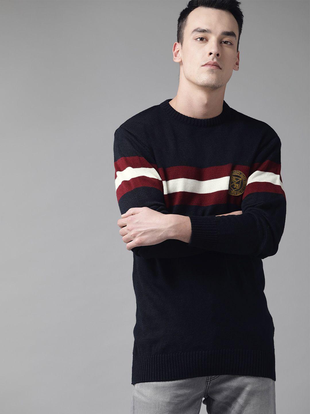 roadster men navy blue & maroon striped detail pullover