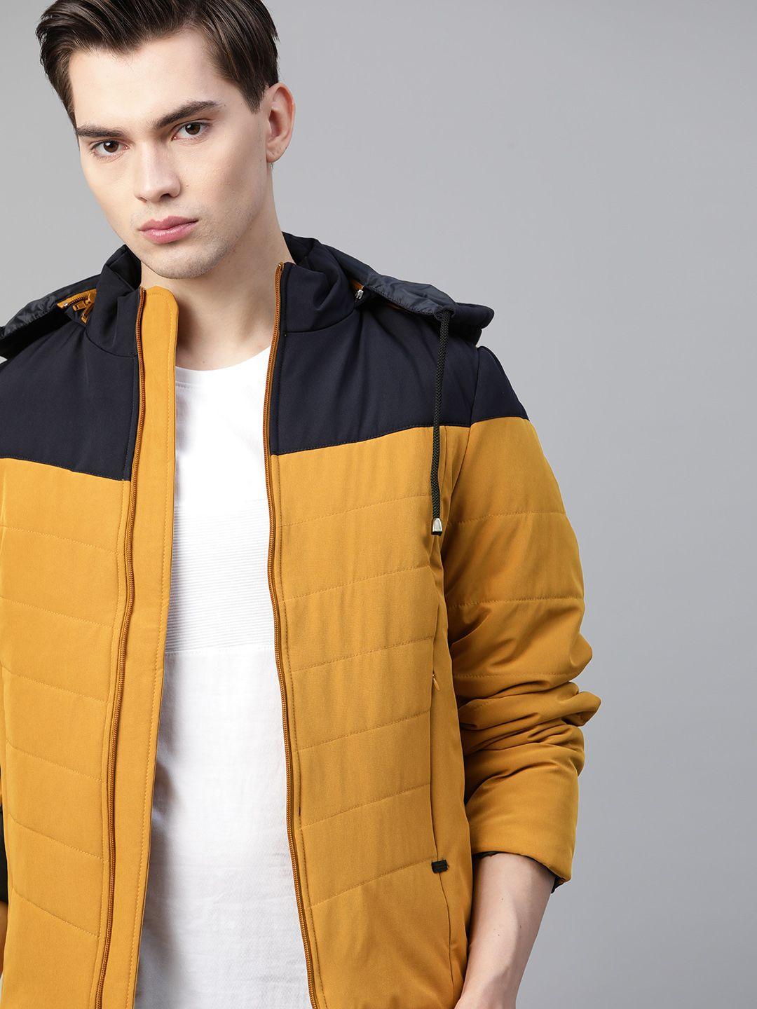 roadster men navy blue & mustard yellow colourblocked padded detachable hood jacket