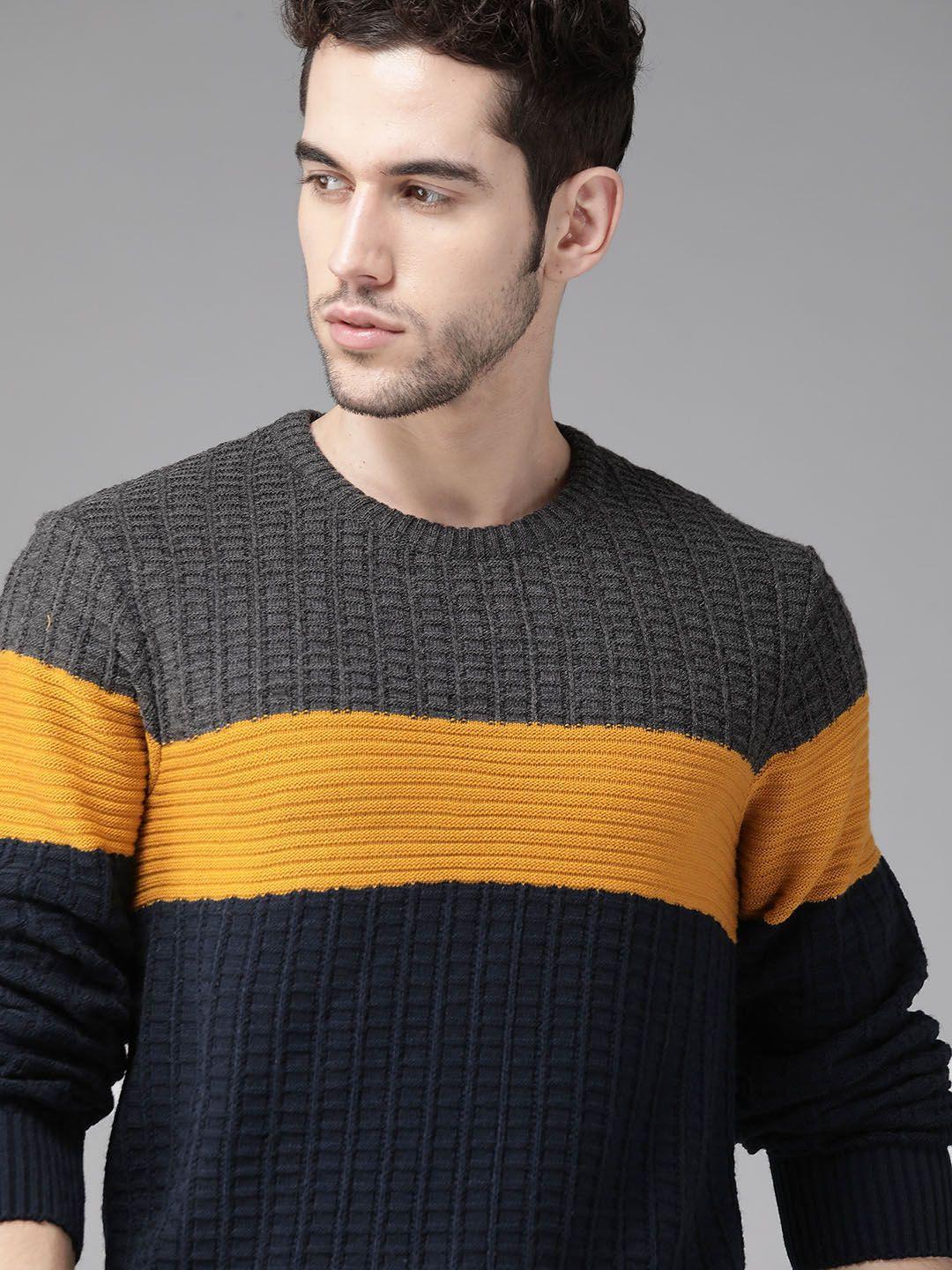 roadster men navy blue & mustard yellow colourblocked pullover sweater