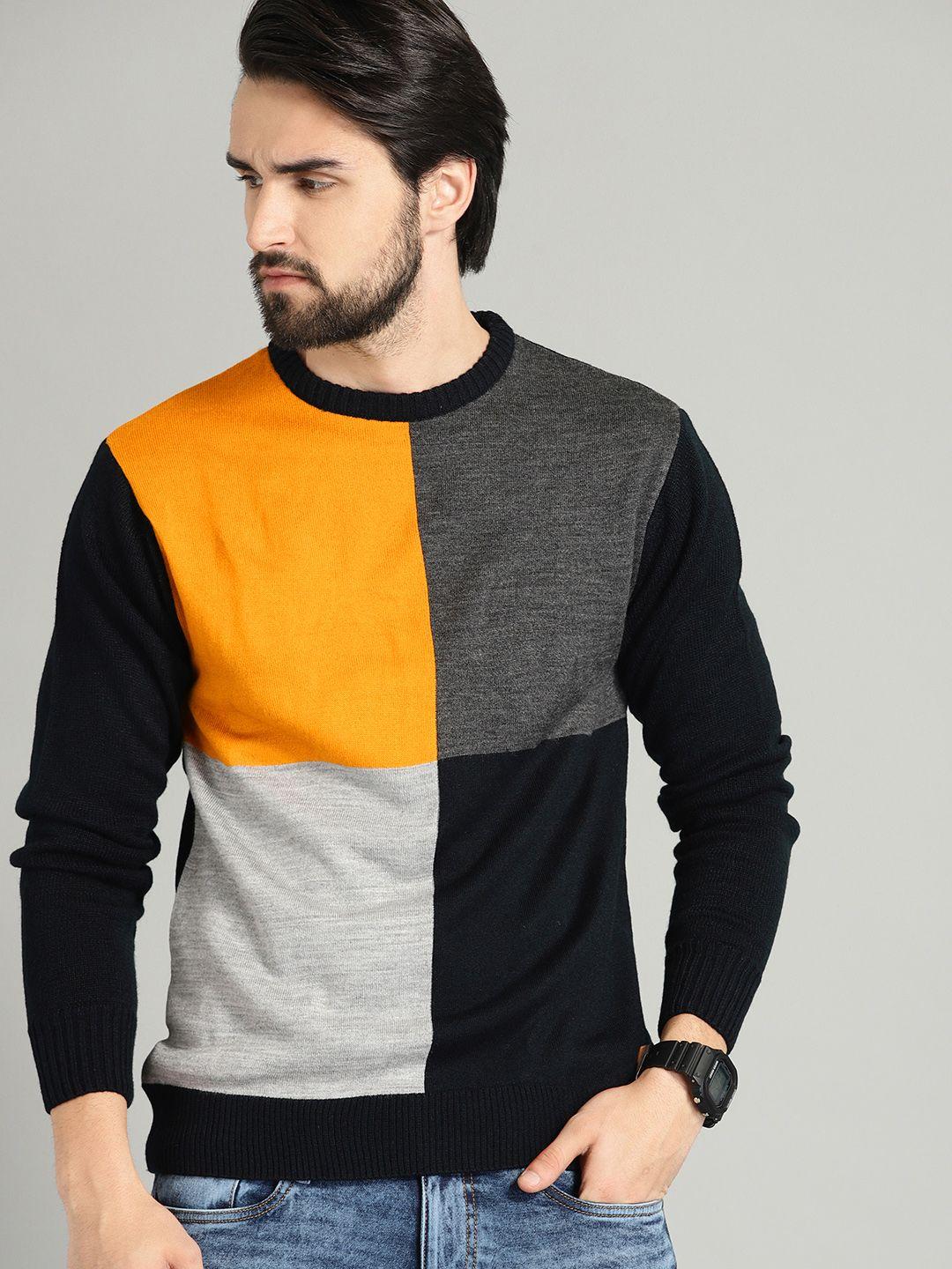 roadster men navy blue & mustard yellow colourblocked sweater