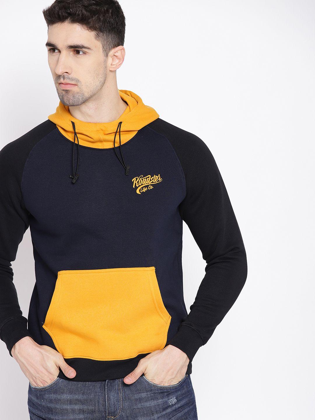 roadster men navy blue & mustard yellow solid hooded sweatshirt