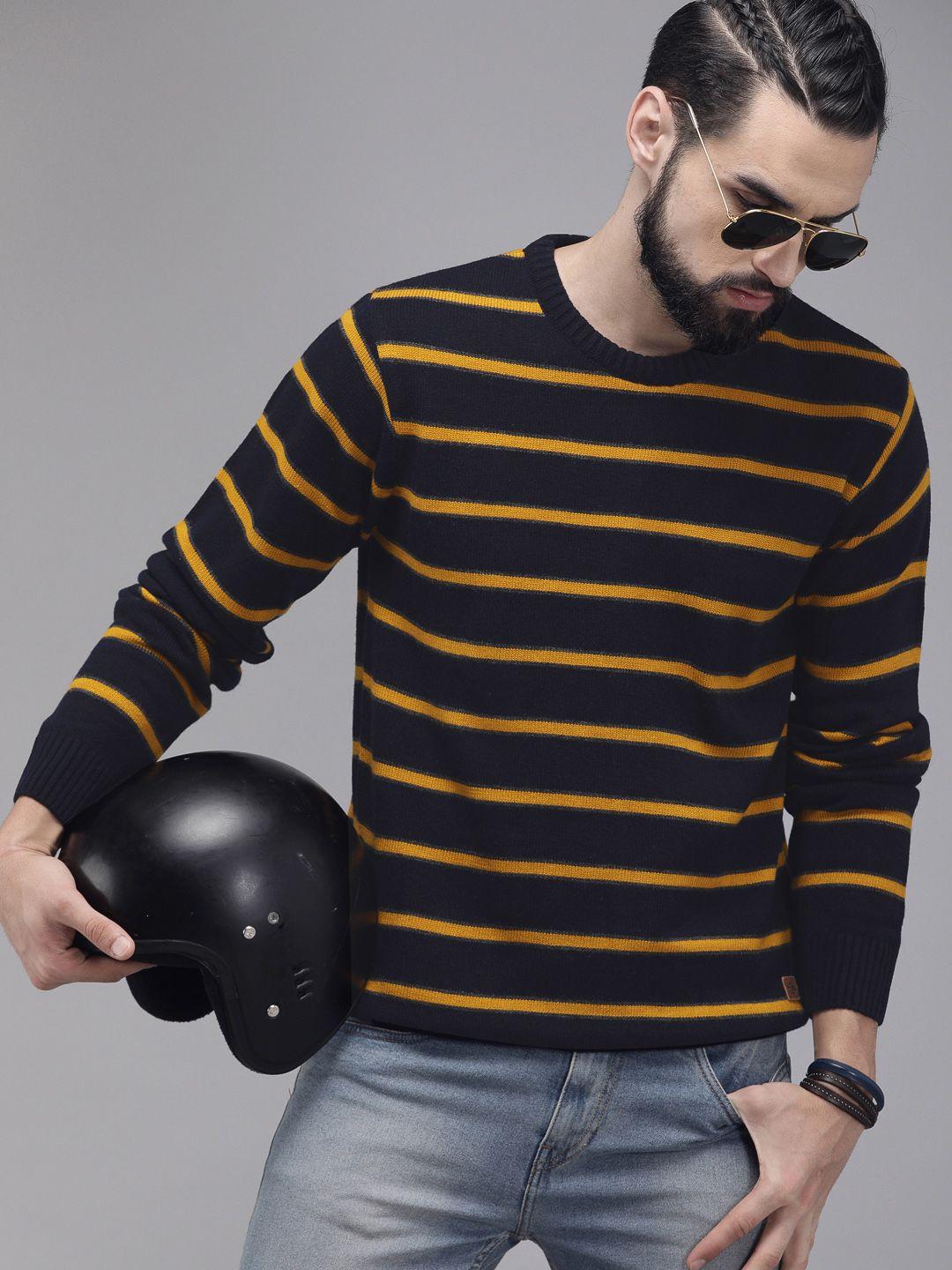 roadster men navy blue & mustard yellow striped pullover sweater