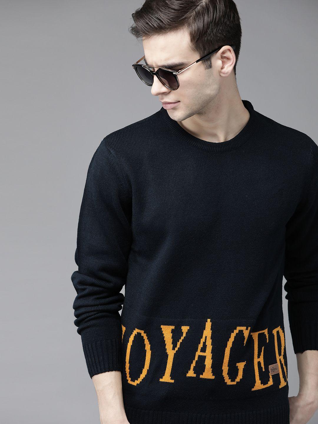 roadster men navy blue & mustard yellow typography pullover