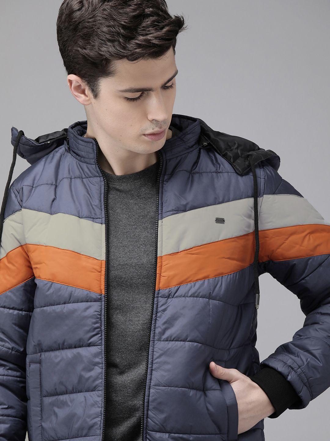 roadster men navy blue & orange striped hood padded jacket