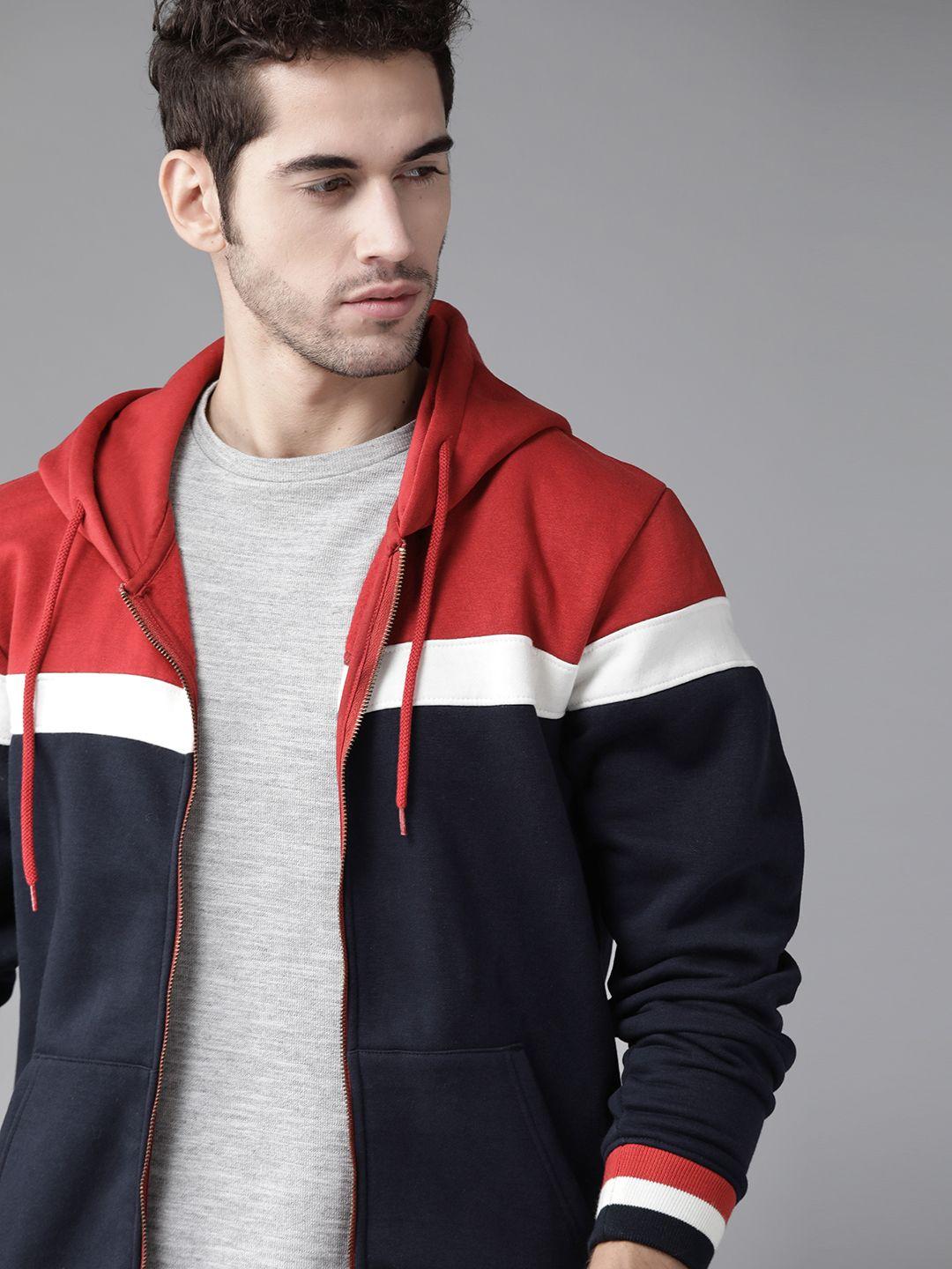 roadster men navy blue & red colourblocked hooded sweatshirt