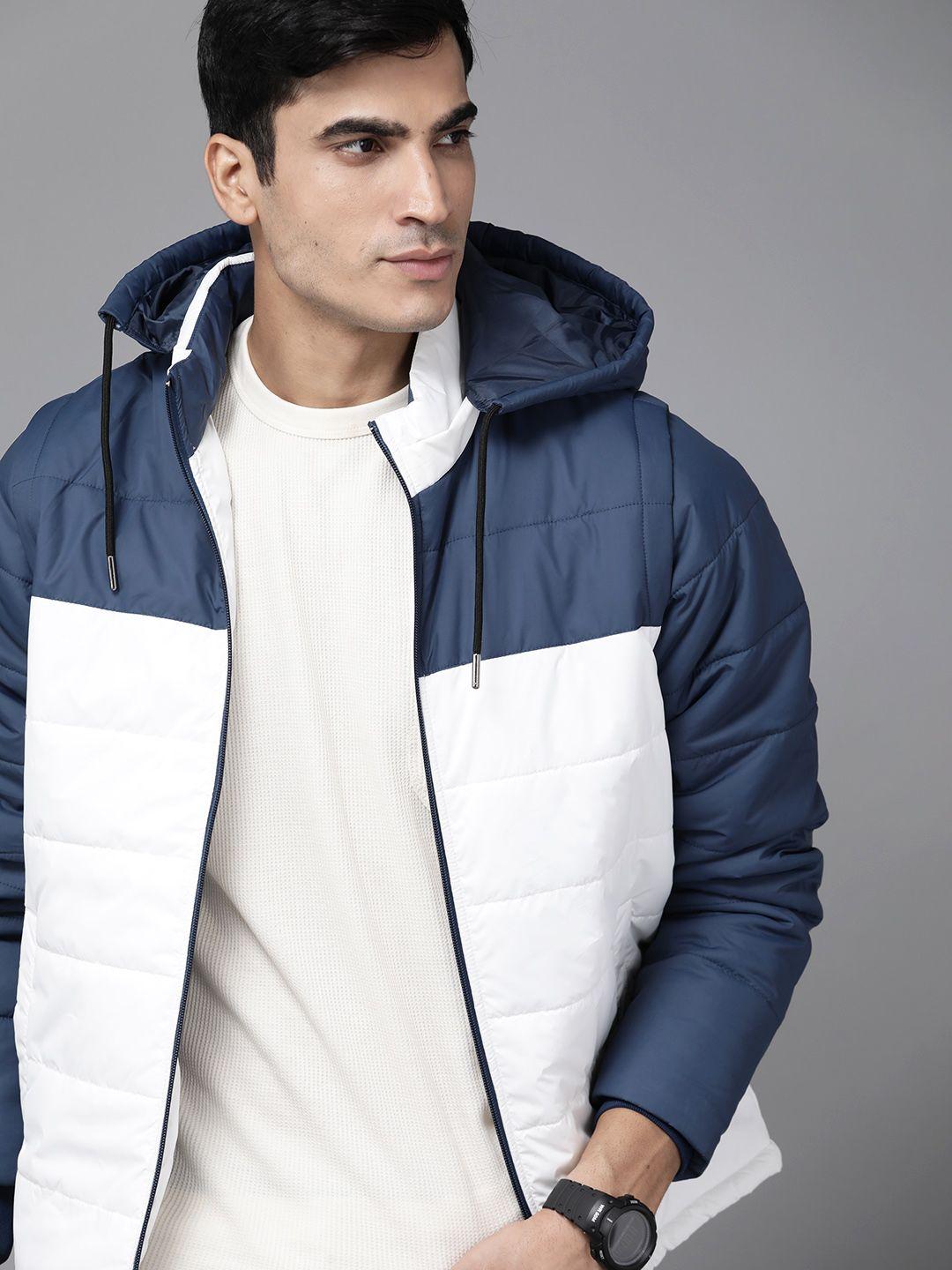 roadster men navy blue & white colourblocked hooded padded jacket