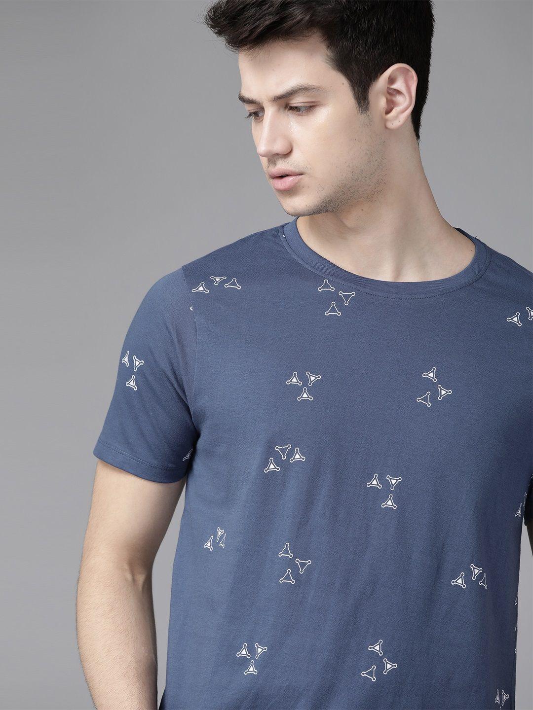 roadster men navy blue & white printed round neck t-shirt