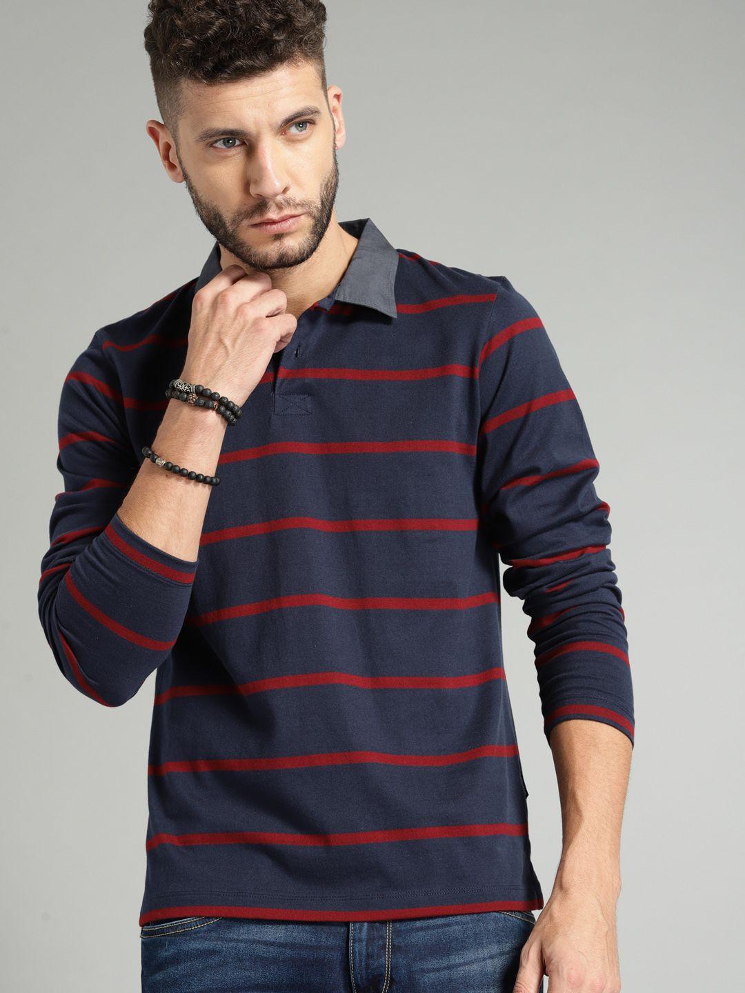 roadster men navy blue  maroon striped polo collar pure cotton t-shirt