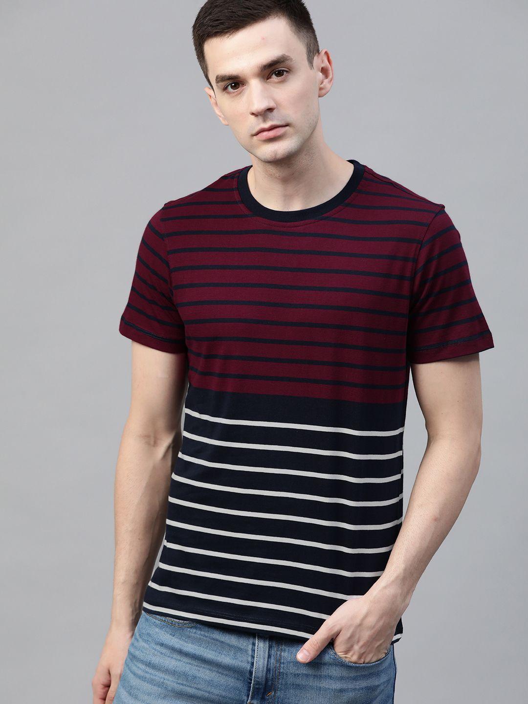 roadster men navy blue  maroon striped round neck pure cotton t-shirt