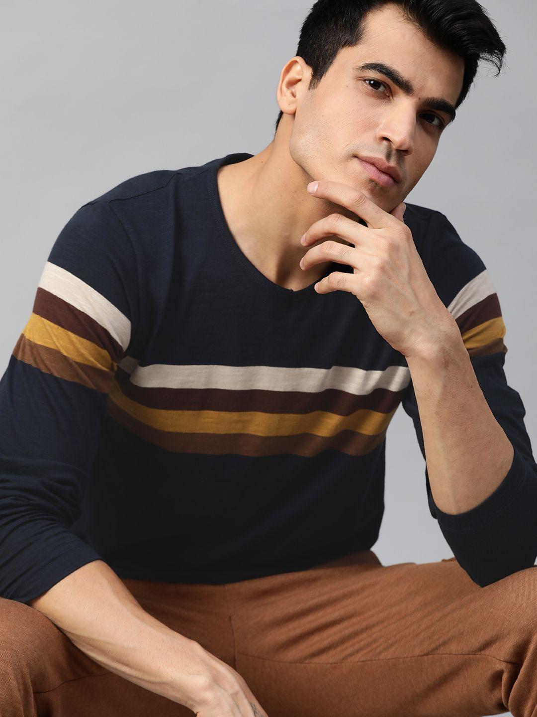 roadster men navy blue  mustard brown striped detail v-neck pure cotton t-shirt