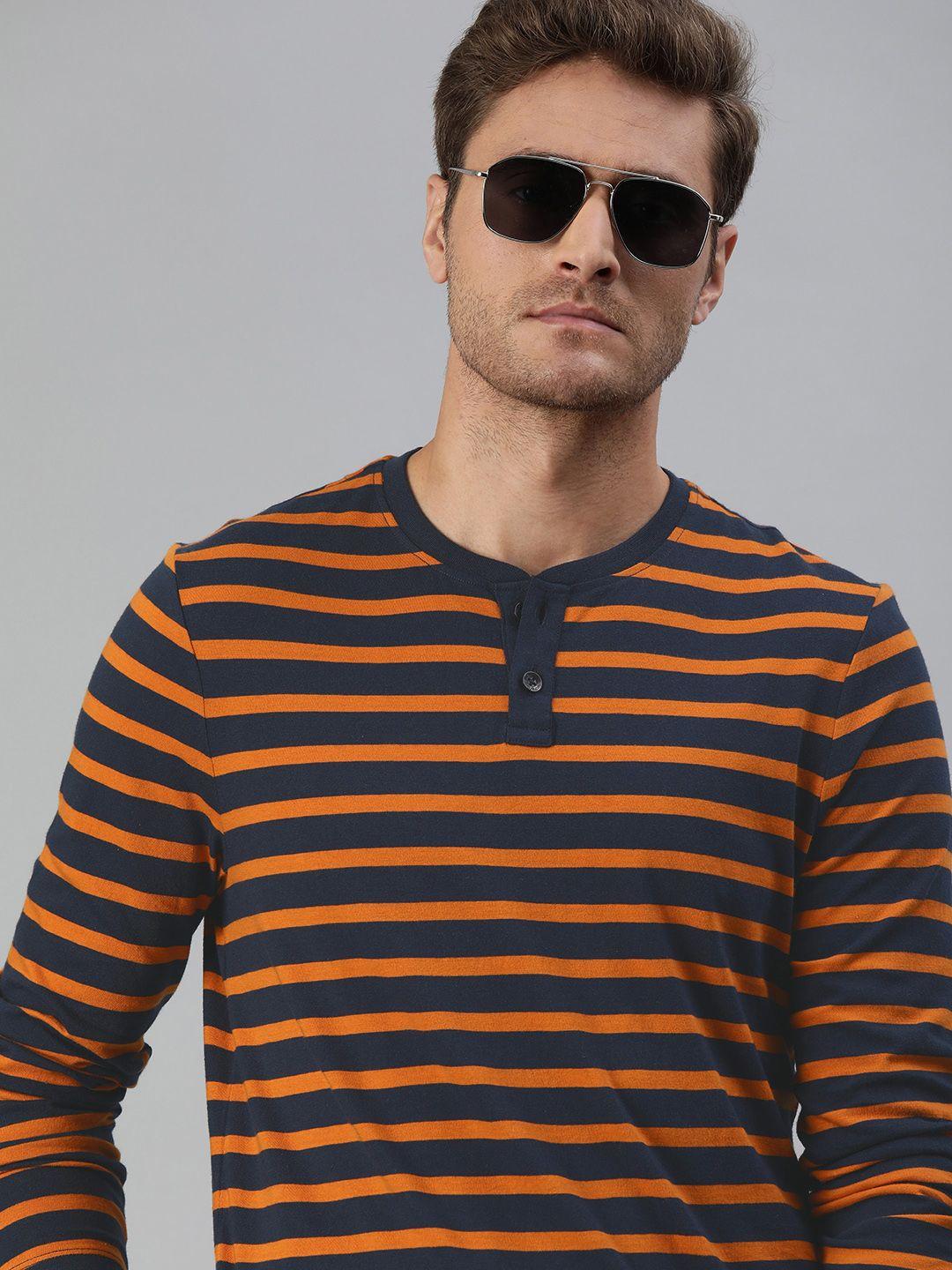 roadster men navy blue  rust orange striped henley neck pure cotton t-shirt