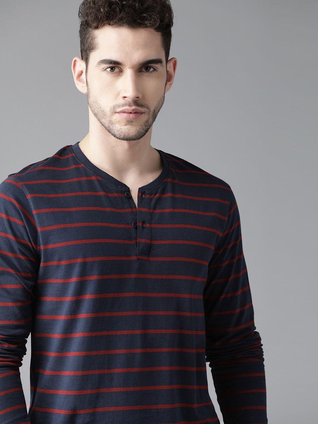 roadster men navy blue  rust red striped pure cotton henley neck pure cotton t-shirt