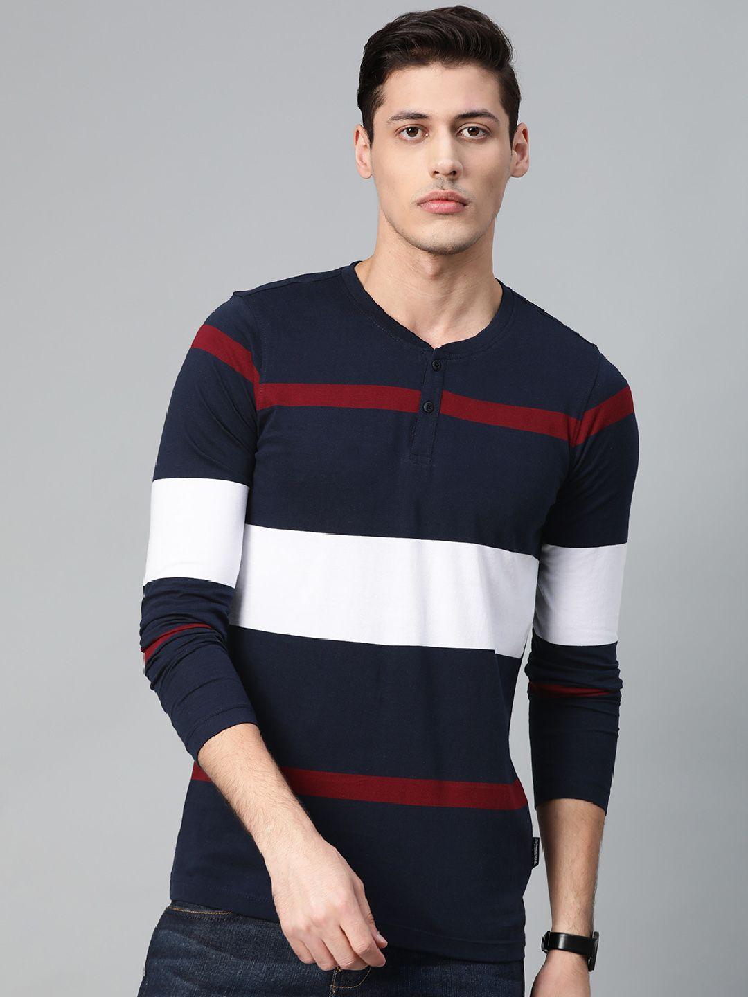 roadster men navy blue  white striped henley neck pure cotton t-shirt