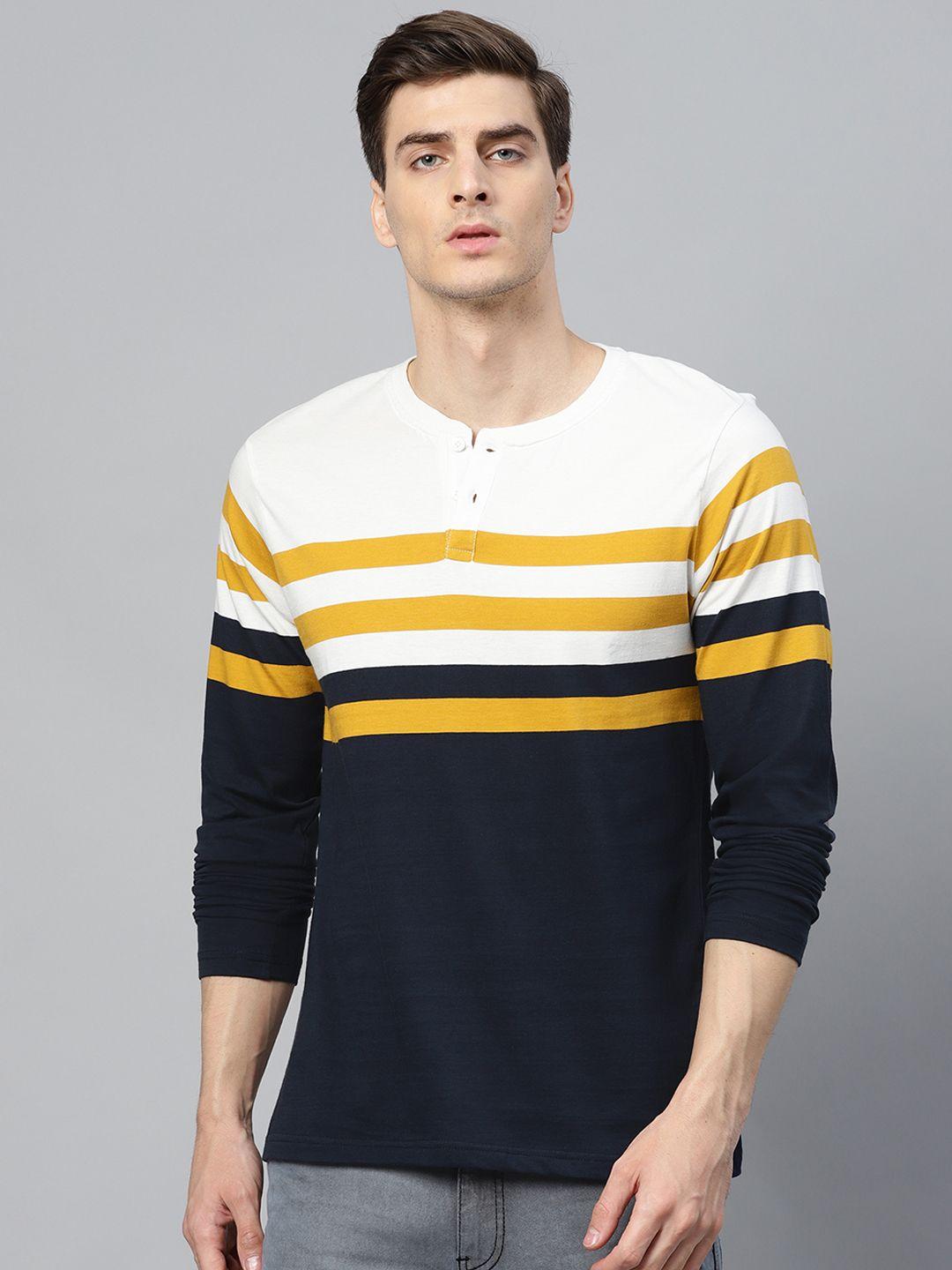 roadster men navy blue  white striped henley neck pure cotton t-shirt