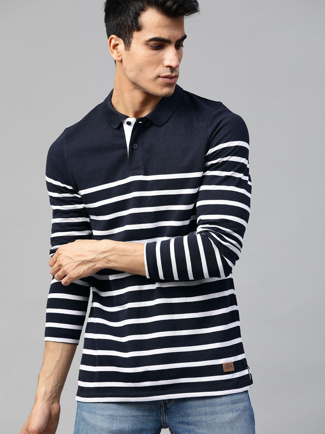 roadster men navy blue  white striped polo collar pure cotton t-shirt