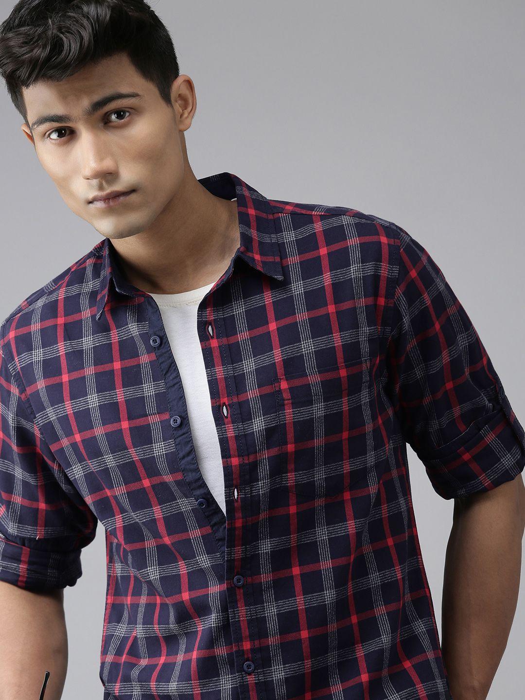 roadster men navy blue and red tartan checked regular fit pure cotton sustainable casual shirt