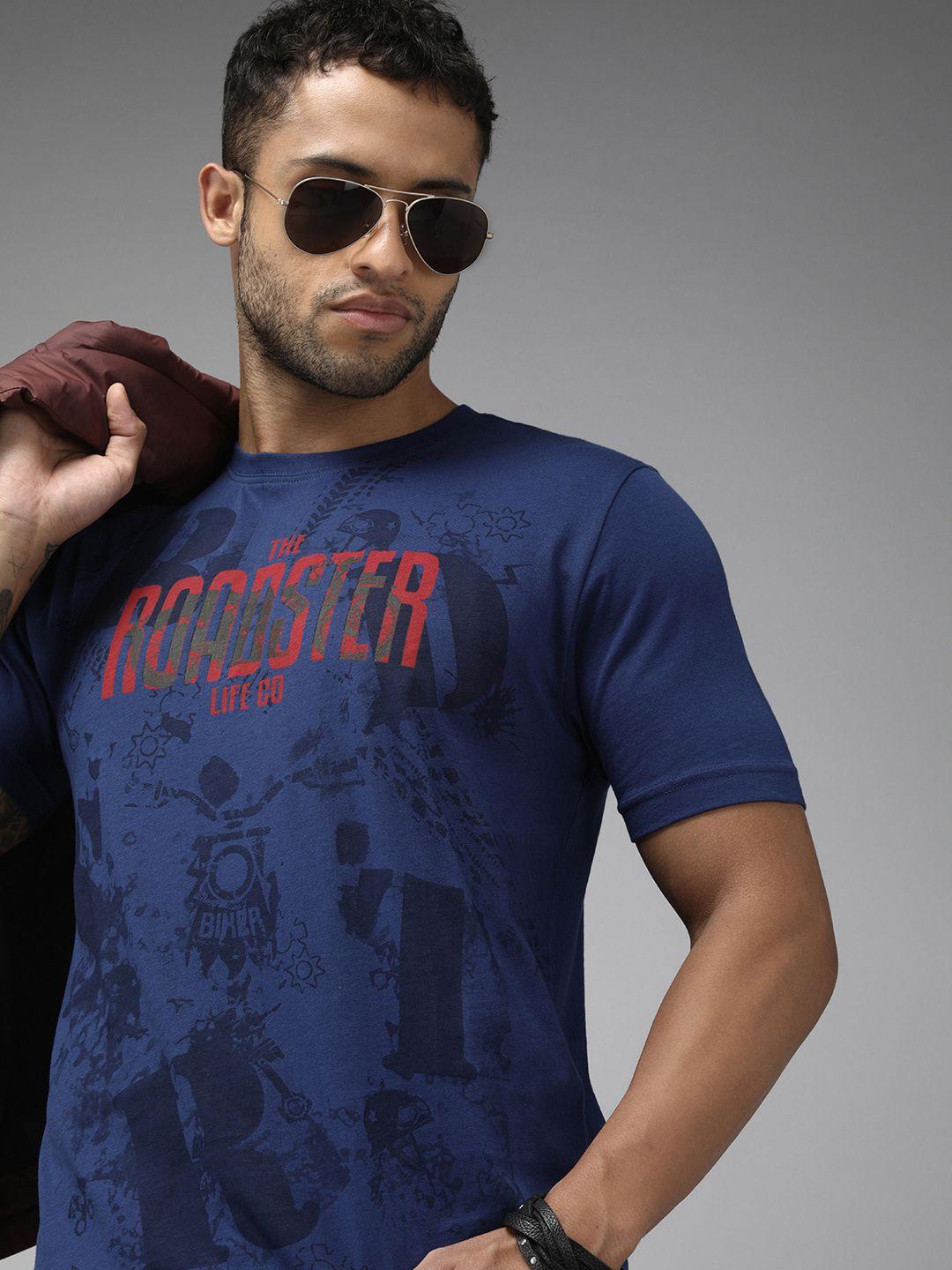 roadster men navy blue biker printed pure cotton t-shirt