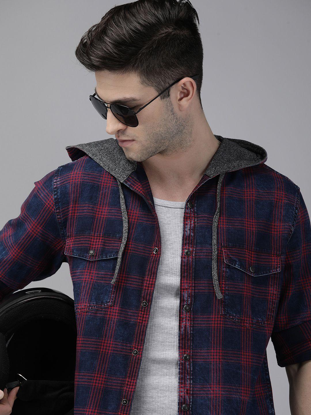 roadster men navy blue checked hooded casual shirt