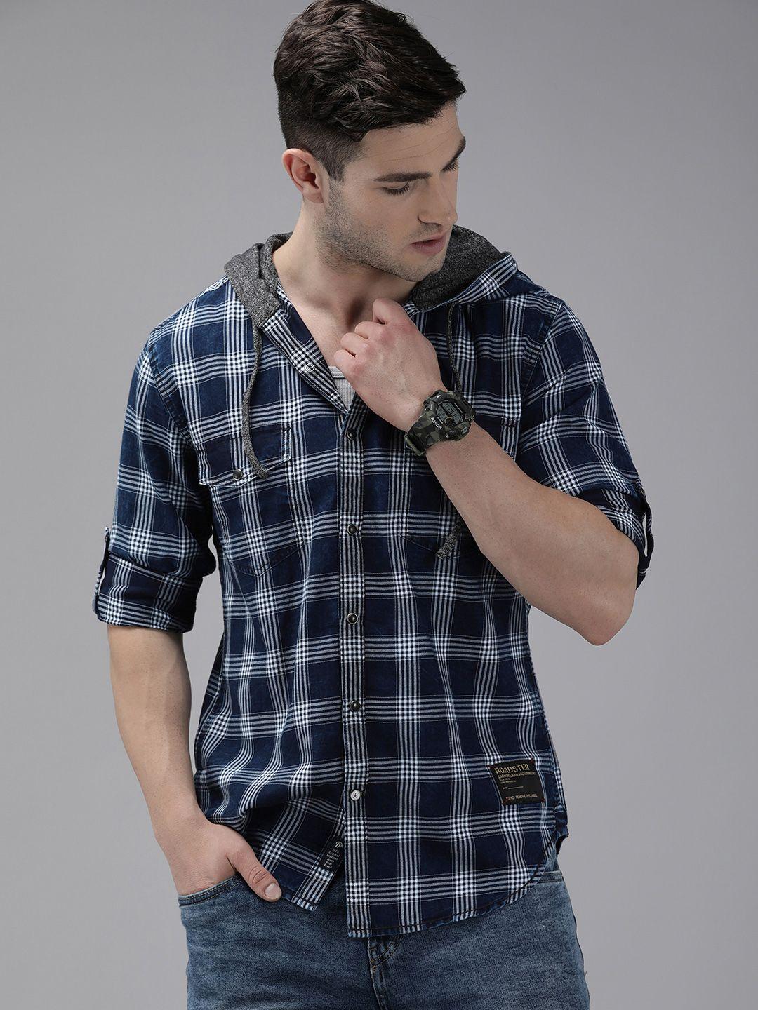 roadster men navy blue checked hooded sustainable casual shirt