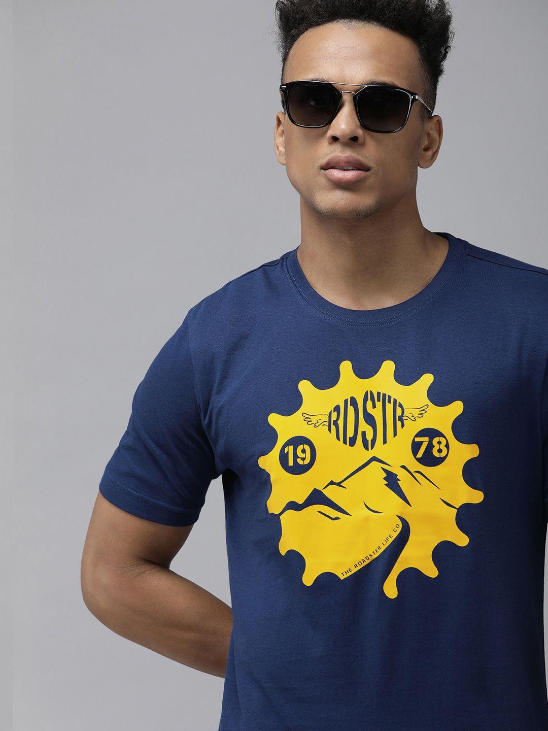 roadster men navy blue printed pure cotton t-shirt