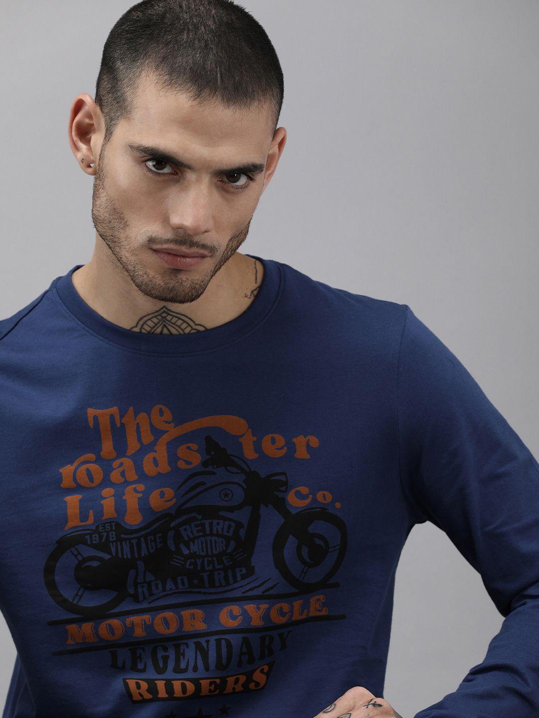 roadster men navy blue printed pure cotton t-shirt