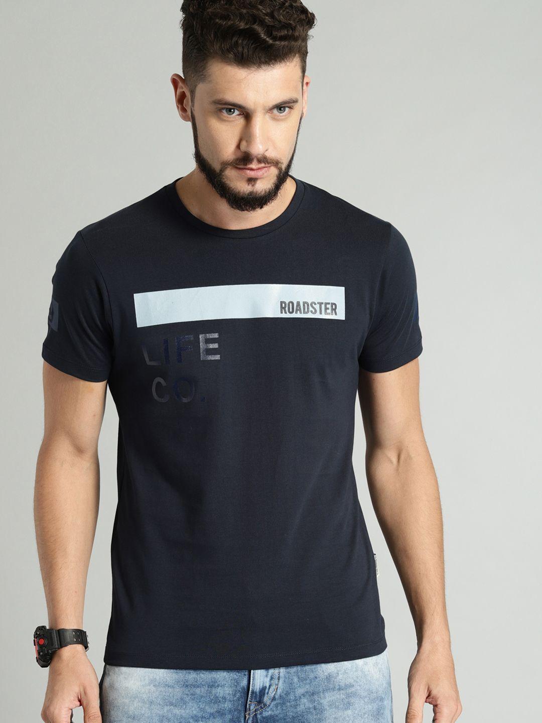 roadster men navy blue printed pure cotton t-shirt