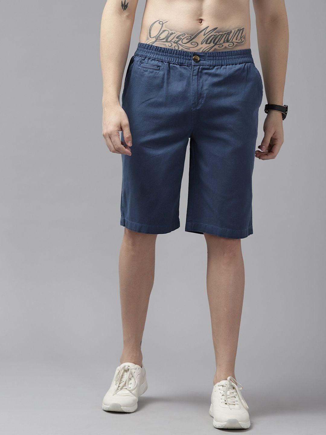 roadster men navy blue pure cotton denim shorts