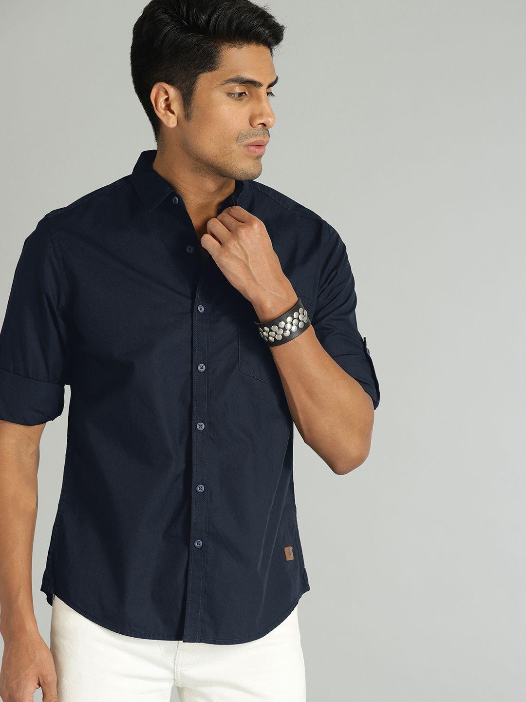 roadster men navy blue pure cotton sustainable casual shirt