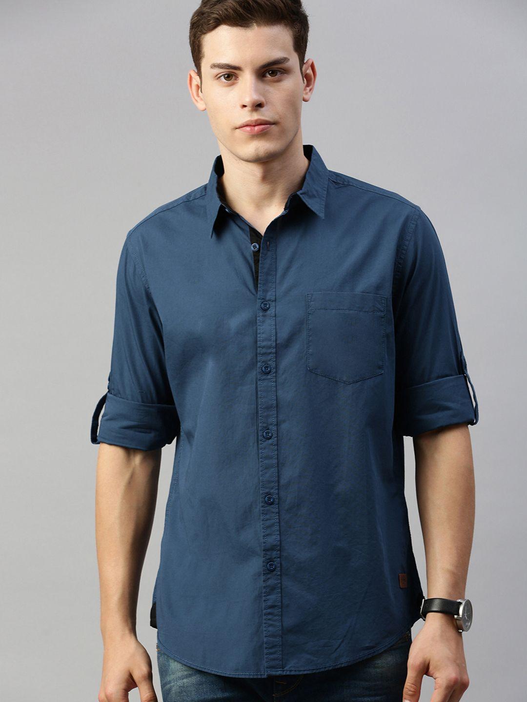 roadster men navy blue regular fit solid sustainable casual shirt