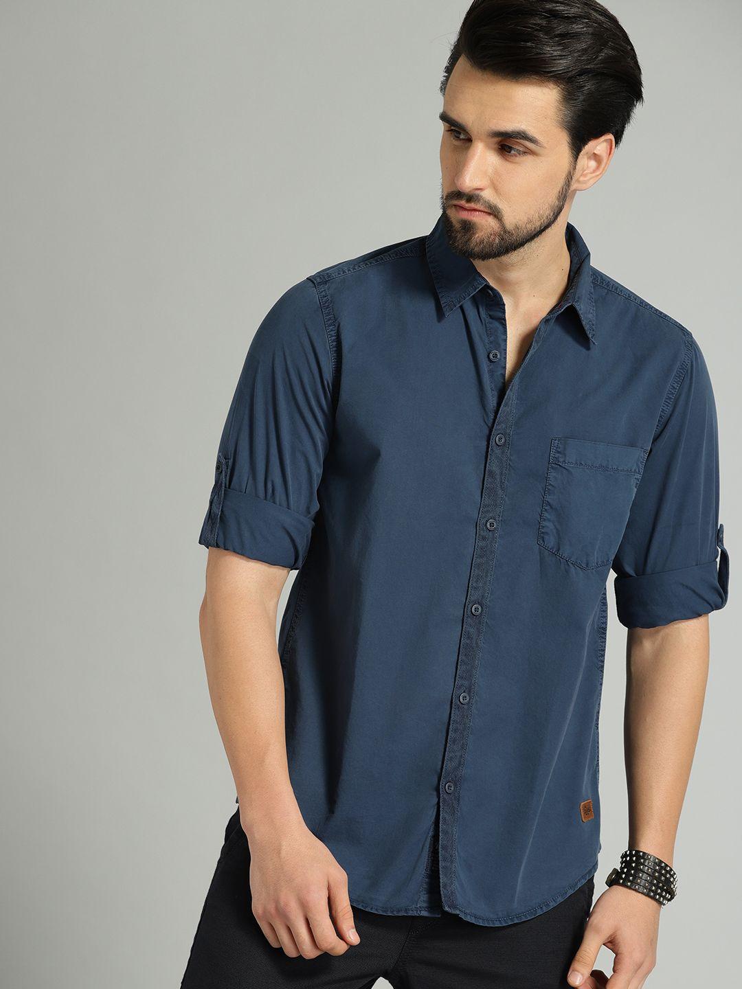 roadster men navy blue regular fit solid sustainable casual shirt