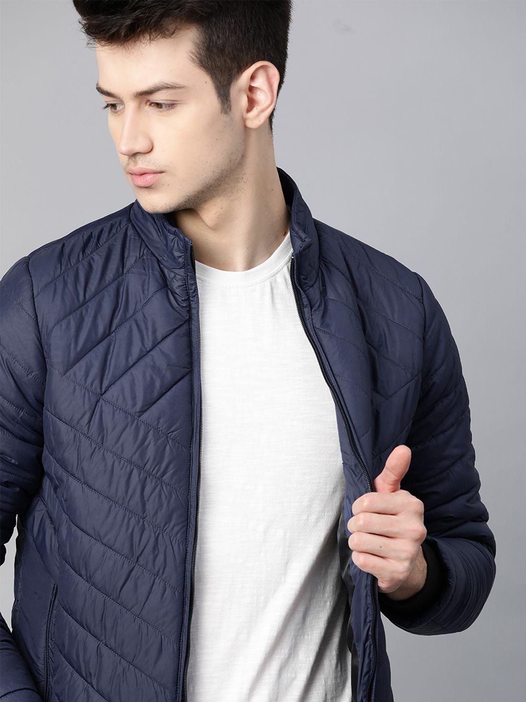 roadster men navy blue solid bomber jacket