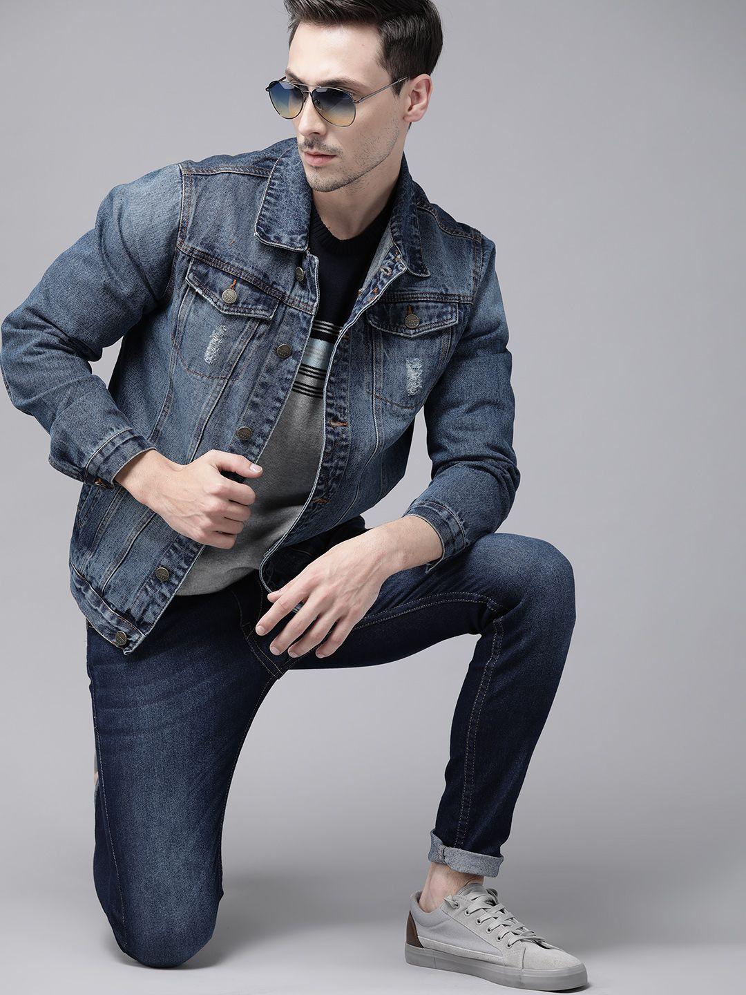 roadster men navy blue solid denim jacket