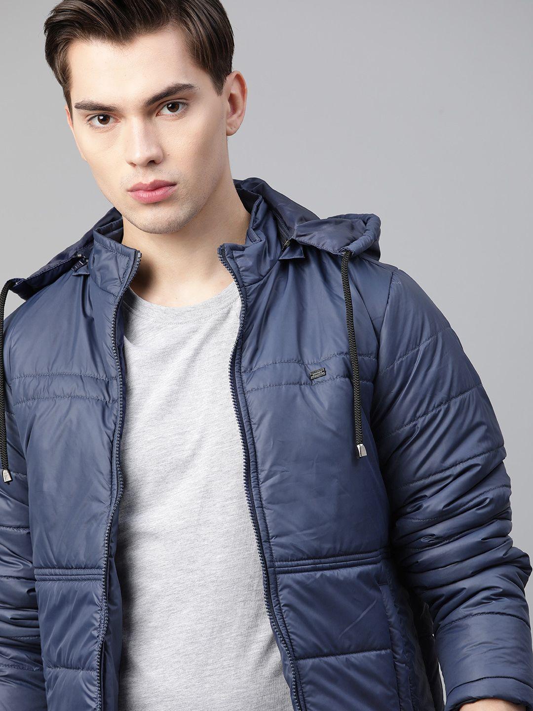 roadster men navy blue solid detachable hood padded jacket