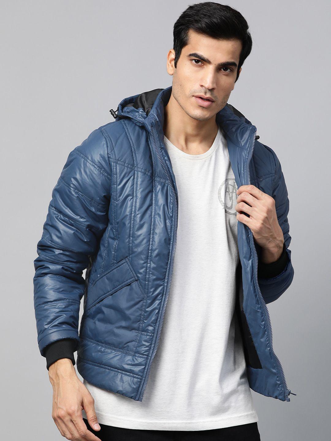 roadster men navy blue solid hooded padded jacket