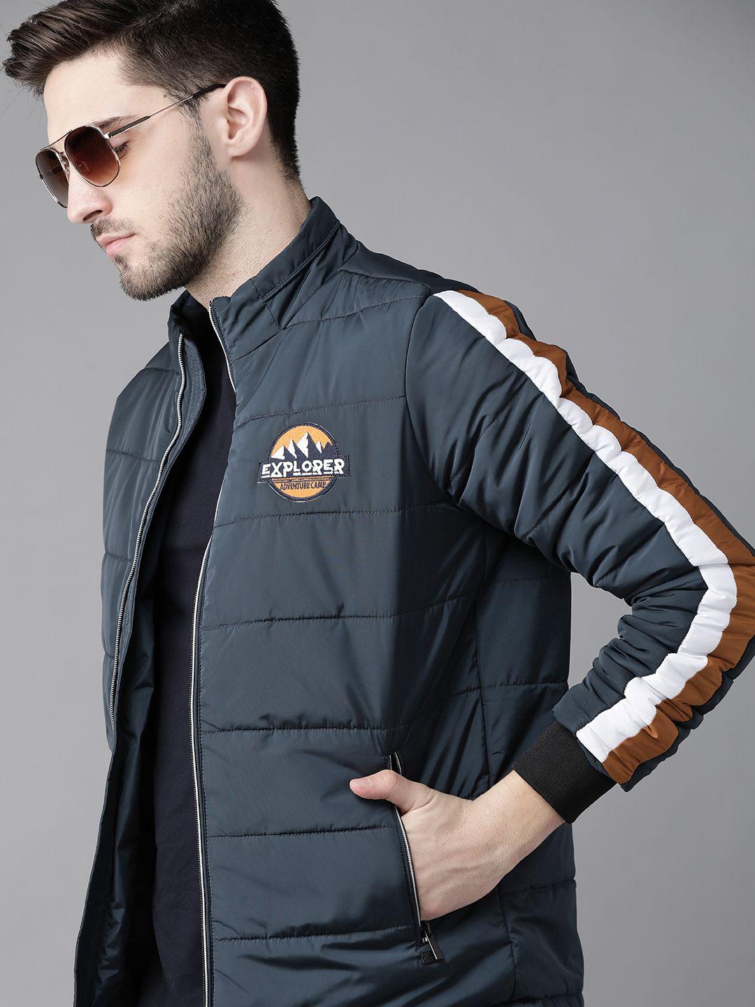roadster men navy blue solid padded jacket with patchwork